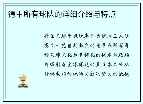 德甲所有球队的详细介绍与特点